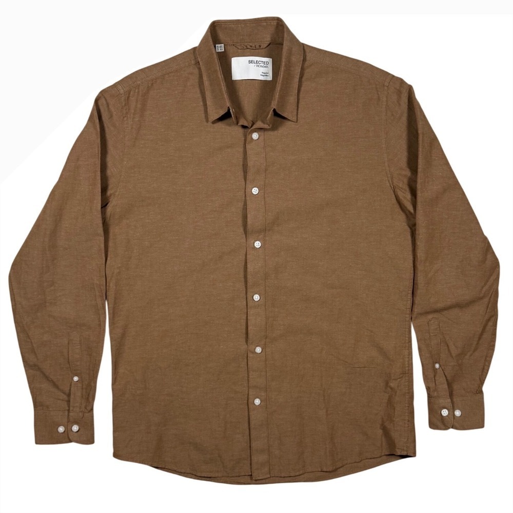 Selected Homme Men's Linen Blend Long Sleeve Shirt Toffee Brown Size Medium
